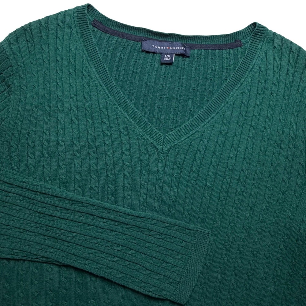 Tommy Hilfiger Womens Large Green Solid Cable Knit V-Neck Sweater Preppy Classic
